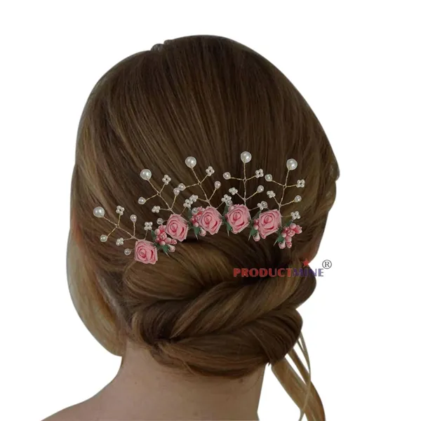 Peach_Bridal_Hair_Bun_Pin_Accessories/Fancy_Golden_Juda_Pins_With_Artificial_Peach_Rose_For_Women_And_Girls_-_Set_Of_5_Pcs