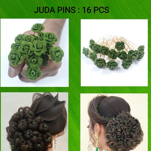 Green_Bridal_Hair_Bun_Pin_Accessories/Fancy_Golden_Juda_Pins_With_Artificial_Rose_For_Women_And_Girls_-_Set_Of_16_Pcs