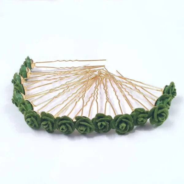 Green_Bridal_Hair_Bun_Pin_Accessories/Fancy_Golden_Juda_Pins_With_Artificial_Rose_For_Women_And_Girls_-_Set_Of_16_Pcs