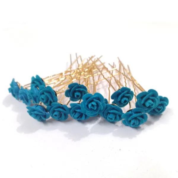 Blue_Bridal_Hair_Bun_Pin_Accessories/Fancy_Golden_Juda_Pins_With_Artificial_Azure_Rose_For_Women_And_Girls_-_Set_Of_16_Pcs