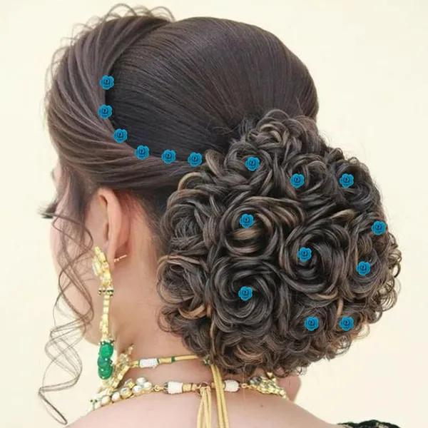 Blue_Bridal_Hair_Bun_Pin_Accessories/Fancy_Golden_Juda_Pins_With_Artificial_Azure_Rose_For_Women_And_Girls_-_Set_Of_16_Pcs
