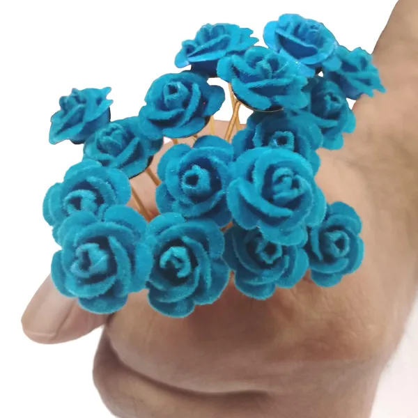 Blue_Bridal_Hair_Bun_Pin_Accessories/Fancy_Golden_Juda_Pins_With_Artificial_Azure_Rose_For_Women_And_Girls_-_Set_Of_16_Pcs