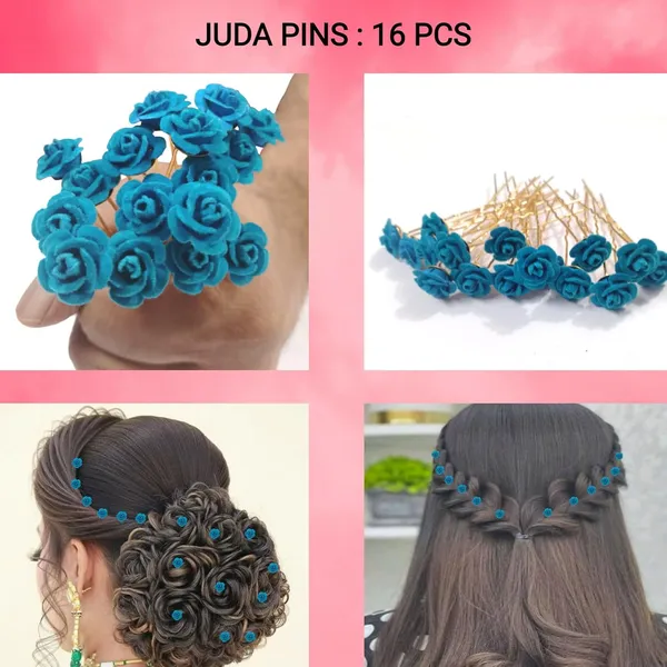 Blue_Bridal_Hair_Bun_Pin_Accessories/Fancy_Golden_Juda_Pins_With_Artificial_Azure_Rose_For_Women_And_Girls_-_Set_Of_16_Pcs
