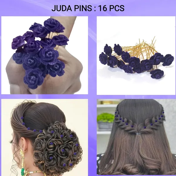Violet_Bridal_Hair_Bun_Pin_Accessories/Fancy_Golden_Juda_Pins_With_Artificial_Rose_For_Women_And_Girls_-_Set_Of_16_Pcs