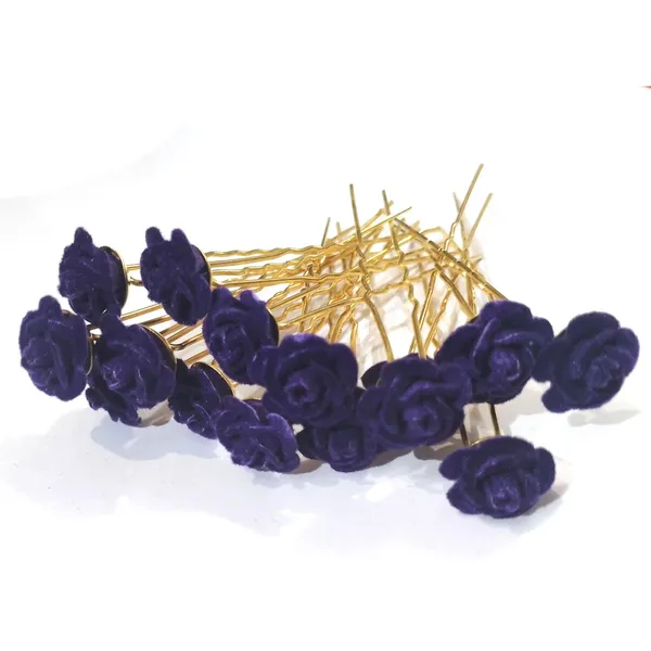 Violet_Bridal_Hair_Bun_Pin_Accessories/Fancy_Golden_Juda_Pins_With_Artificial_Rose_For_Women_And_Girls_-_Set_Of_16_Pcs
