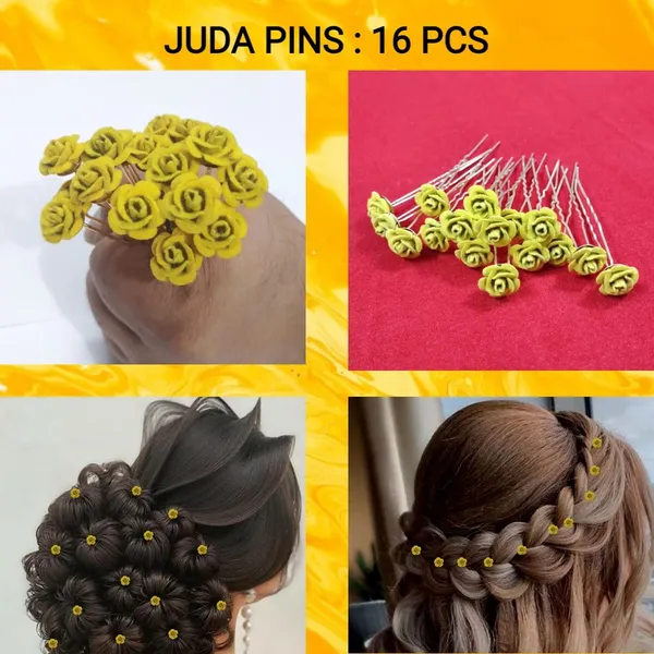 Yellow_Bridal_Hair_Bun_Pin_Accessories/Fancy_Golden_Juda_Pins_With_Artificial_Rose_For_Women_And_Girls_-_Set_Of_16_Pcs
