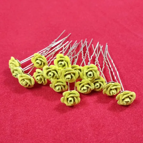 Yellow_Bridal_Hair_Bun_Pin_Accessories/Fancy_Golden_Juda_Pins_With_Artificial_Rose_For_Women_And_Girls_-_Set_Of_16_Pcs