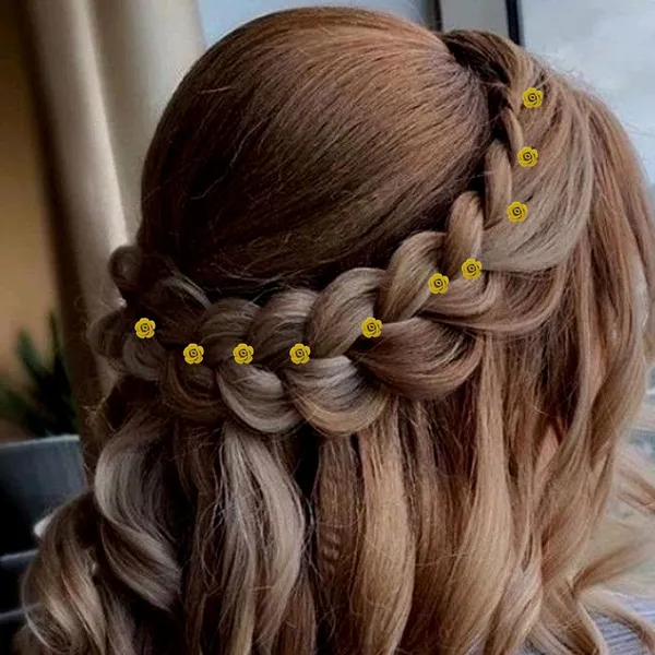 Yellow_Bridal_Hair_Bun_Pin_Accessories/Fancy_Golden_Juda_Pins_With_Artificial_Rose_For_Women_And_Girls_-_Set_Of_16_Pcs