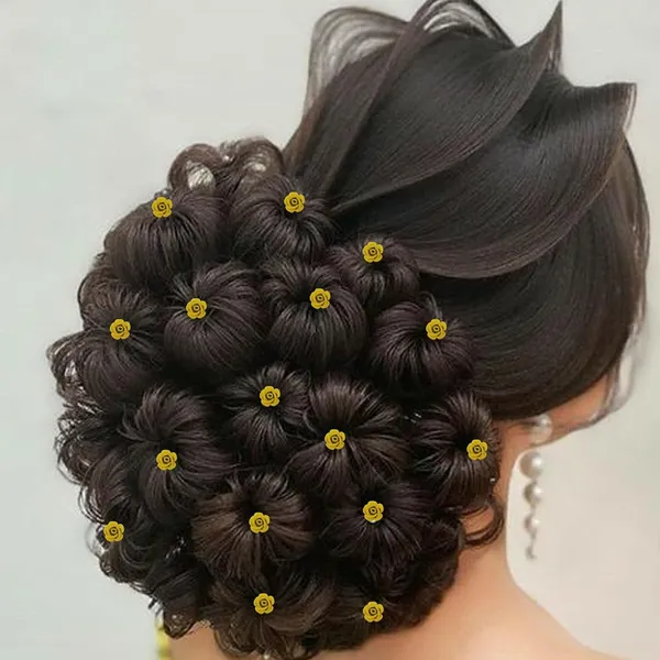Yellow_Bridal_Hair_Bun_Pin_Accessories/Fancy_Golden_Juda_Pins_With_Artificial_Rose_For_Women_And_Girls_-_Set_Of_16_Pcs