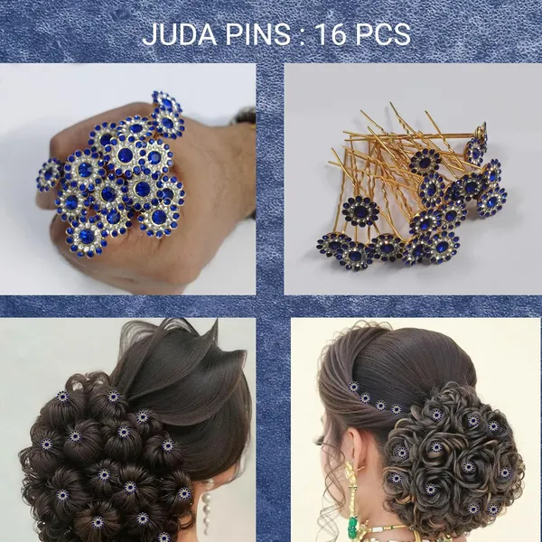 Blue_Bridal_Hair_Bun_Pin_Accessories/Fancy_Golden_Juda_Pins_With_Blue_And_Clear_Rhinestone_For_Women_And_Girls_-_Set_Of_16_Pcs