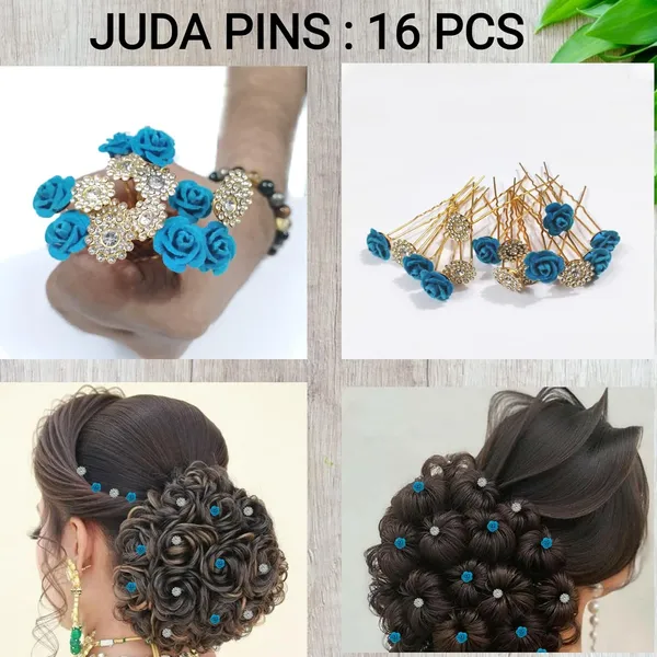Blue_And_Clear_Bridal_Hair_Bun_Pin_Accessories/Fancy_Golden_Juda_Pins_With_Artificial_Azure_Rhinestone_For_Women_And_Girls_-_Set_Of_16_Pcs