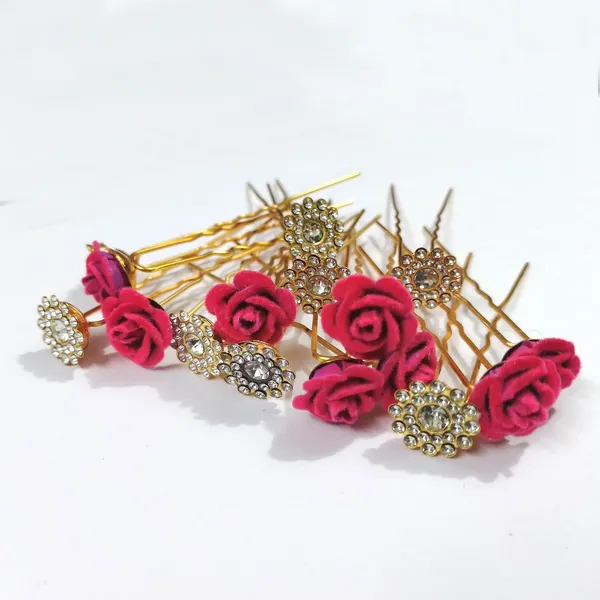 Pink_And_Clear_Bridal_Hair_Bun_Pin_Accessories/Fancy_Golden_Juda_Pins_With_Artificial_Rhinestone_For_Women_And_Girls_-_Set_Of_16_Pcs