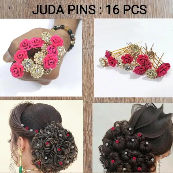 Pink_And_Clear_Bridal_Hair_Bun_Pin_Accessories/Fancy_Golden_Juda_Pins_With_Artificial_Rhinestone_For_Women_And_Girls_-_Set_Of_16_Pcs