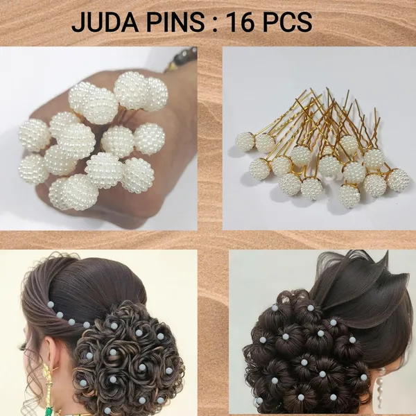White_Bridal_Hair_Bun_Pin_Accessories/Fancy_Golden_Juda_Pins_With_Angoor_Pearls_For_Women_And_Girls_-_Set_Of_16_Pcs
