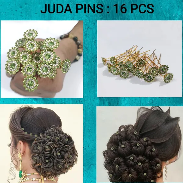 Green_And_Clear_Bridal_Hair_Bun_Pin_Accessories/Fancy_Golden_Juda_Pins_With_Rhinestone_For_Women_And_Girls_-_Set_Of_16_Pcs