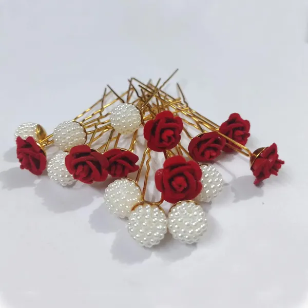 Red_And_White_Bridal_Hair_Bun_Pin_Accessories/Fancy_Golden_Juda_Pins_With_Artificial_Rose_And_Angoor_Pearls_For_Women_And_Girls_-_Set_Of_16_Pcs