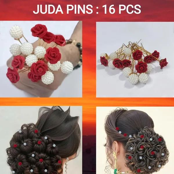 Red_And_White_Bridal_Hair_Bun_Pin_Accessories/Fancy_Golden_Juda_Pins_With_Artificial_Rose_And_Angoor_Pearls_For_Women_And_Girls_-_Set_Of_16_Pcs