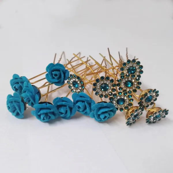 Blue_Bridal_Hair_Bun_Pin_Accessories/Fancy_Golden_Juda_Pins_With_Artificial_Azure_Rose_And_Rhinestone_For_Women_And_Girls_-_Set_Of_16_Pcs