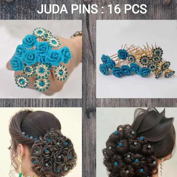 Blue_Bridal_Hair_Bun_Pin_Accessories/Fancy_Golden_Juda_Pins_With_Artificial_Azure_Rose_And_Rhinestone_For_Women_And_Girls_-_Set_Of_16_Pcs