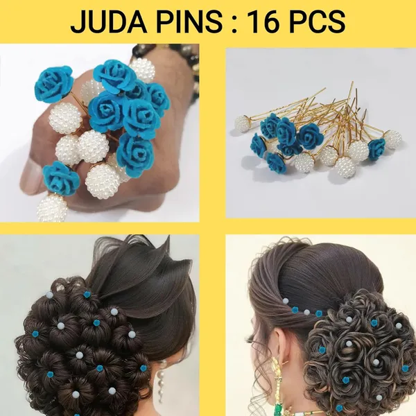 Blue_And_White_Bridal_Hair_Bun_Pin_Accessories/Fancy_Golden_Juda_Pins_With_Artificial_Azure_Angoor_Pearls_For_Women_And_Girls_-_Set_Of_16_Pcs