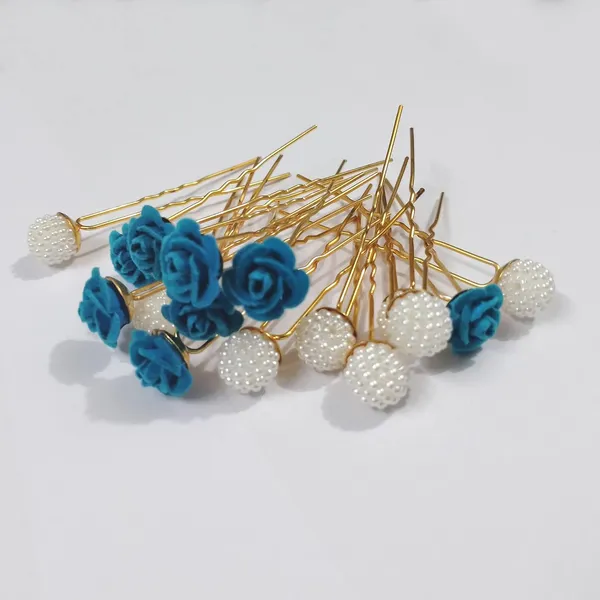 Blue_And_White_Bridal_Hair_Bun_Pin_Accessories/Fancy_Golden_Juda_Pins_With_Artificial_Azure_Angoor_Pearls_For_Women_And_Girls_-_Set_Of_16_Pcs
