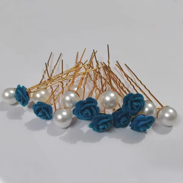 Blue_And_White_Bridal_Hair_Bun_Pin_Accessories/Fancy_Golden_Juda_Pins_With_Artificial_Azure_Pearls_For_Women_And_Girls_-_Set_Of_16_Pcs