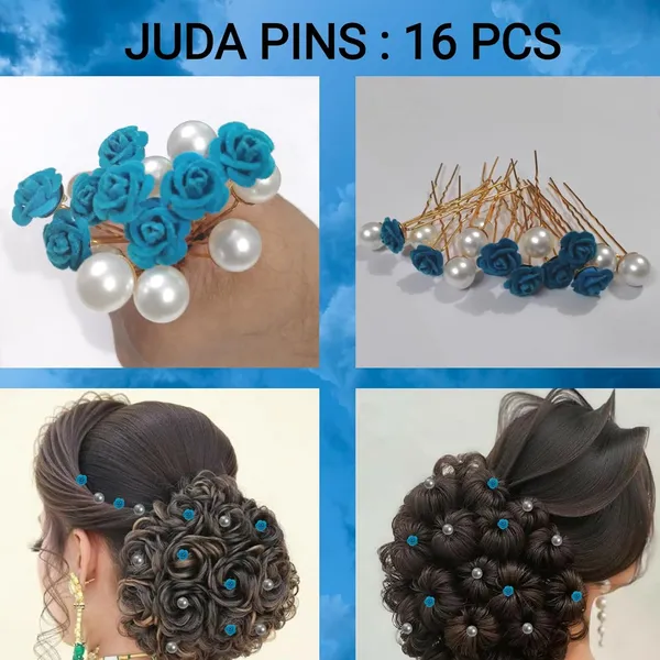 Blue_And_White_Bridal_Hair_Bun_Pin_Accessories/Fancy_Golden_Juda_Pins_With_Artificial_Azure_Pearls_For_Women_And_Girls_-_Set_Of_16_Pcs