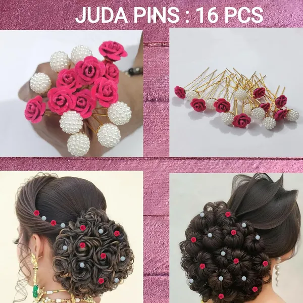 Pink_And_White_Bridal_Hair_Bun_Pin_Accessories/Fancy_Golden_Juda_Pins_With_Artificial_Angoor_Pearls_For_Women_And_Girls_-_Set_Of_16_Pcs