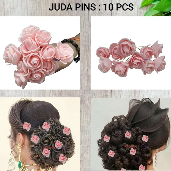 Peach_Bridal_Hair_Bun_Pin_Accessories/Fancy_Golden_Juda_Pins_With_Artificial_Rose_For_Women_And_Girls_-_Set_Of_10_Pcs