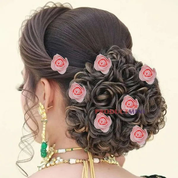Peach_Bridal_Hair_Bun_Pin_Accessories/Fancy_Golden_Juda_Pins_With_Artificial_Rose_For_Women_And_Girls_-_Set_Of_10_Pcs