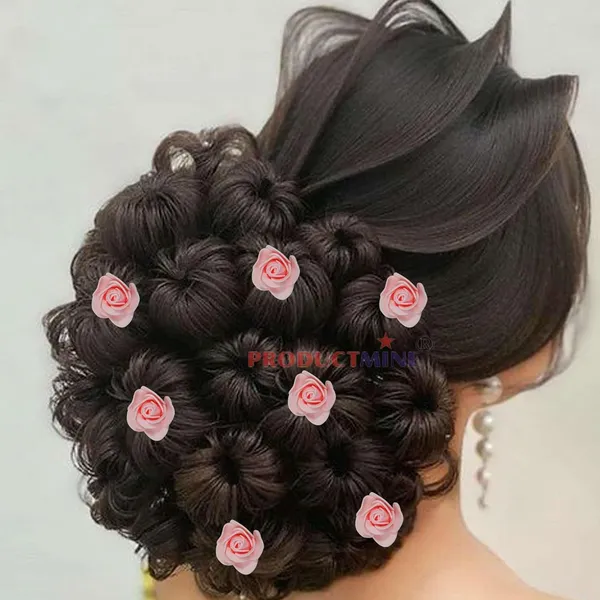 Peach_Bridal_Hair_Bun_Pin_Accessories/Fancy_Golden_Juda_Pins_With_Artificial_Rose_For_Women_And_Girls_-_Set_Of_10_Pcs
