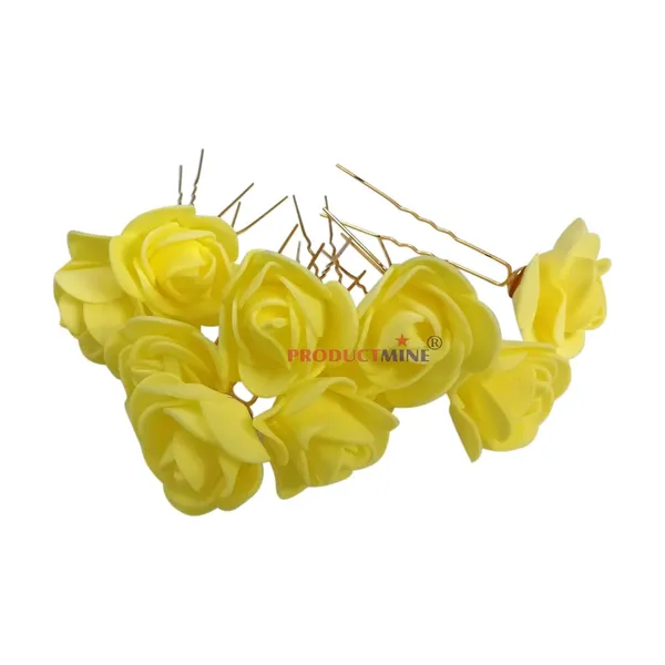 Yellow_Bridal_Hair_Bun_Pin_Accessories/Fancy_Golden_Juda_Pins_With_Artificial_Rose_For_Women_And_Girls_-_Set_Of_10_Pcs