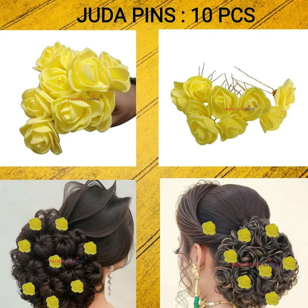 Yellow_Bridal_Hair_Bun_Pin_Accessories/Fancy_Golden_Juda_Pins_With_Artificial_Rose_For_Women_And_Girls_-_Set_Of_10_Pcs