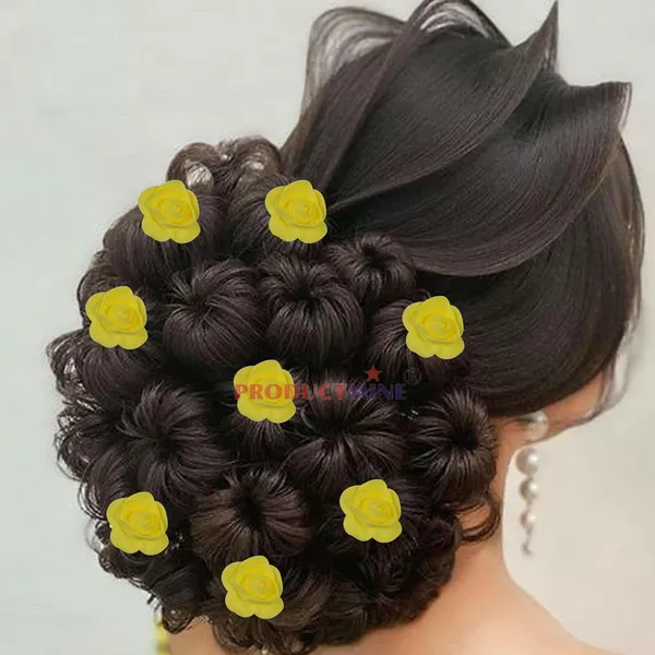 Yellow_Bridal_Hair_Bun_Pin_Accessories/Fancy_Golden_Juda_Pins_With_Artificial_Rose_For_Women_And_Girls_-_Set_Of_10_Pcs