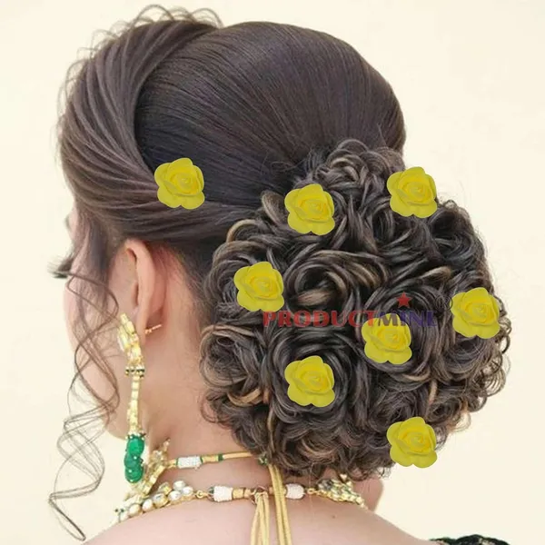 Yellow_Bridal_Hair_Bun_Pin_Accessories/Fancy_Golden_Juda_Pins_With_Artificial_Rose_For_Women_And_Girls_-_Set_Of_10_Pcs