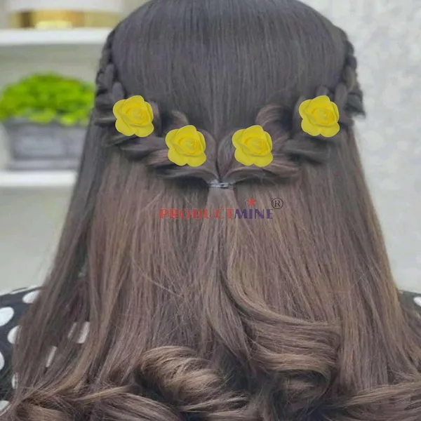 Yellow_Bridal_Hair_Bun_Pin_Accessories/Fancy_Golden_Juda_Pins_With_Artificial_Rose_For_Women_And_Girls_-_Set_Of_10_Pcs