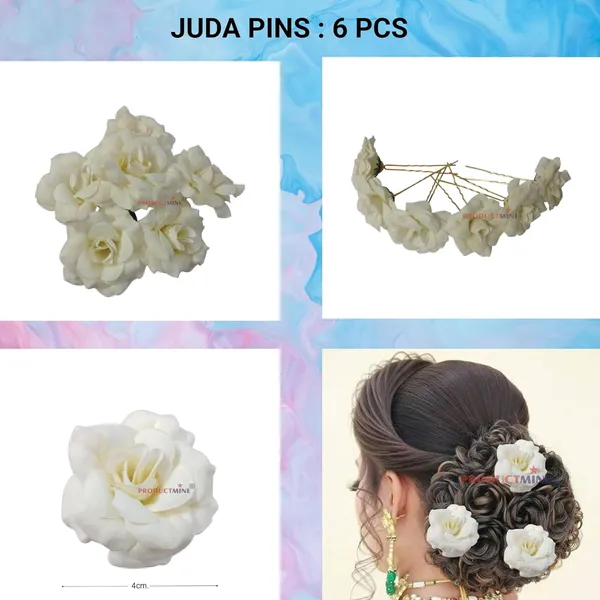 White_Bridal_Hair_Pin_Bun_Pin_Accessories/Fancy_Golden_Juda_Pins_With_Artificial_Hair_Pin_For_Women_And_Girls_Hair__-_Set_Of_6_Pcs