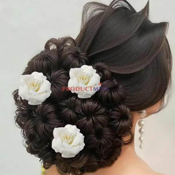 White_Bridal_Hair_Pin_Bun_Pin_Accessories/Fancy_Golden_Juda_Pins_With_Artificial_Hair_Pin_For_Women_And_Girls_Hair__-_Set_Of_6_Pcs