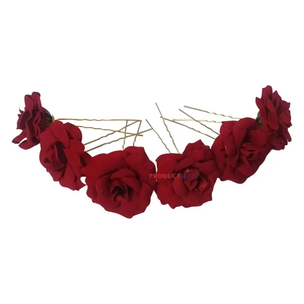 Maroon_Bridal_Hair_Pin_Bun_Pin_Accessories/Fancy_Golden_Juda_Pins_With_Artificial_Rose_For_Women_And_Girls_Hair__-_Set_Of_6_Pcs