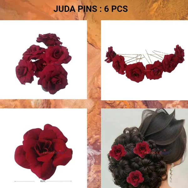 Maroon_Bridal_Hair_Pin_Bun_Pin_Accessories/Fancy_Golden_Juda_Pins_With_Artificial_Rose_For_Women_And_Girls_Hair__-_Set_Of_6_Pcs