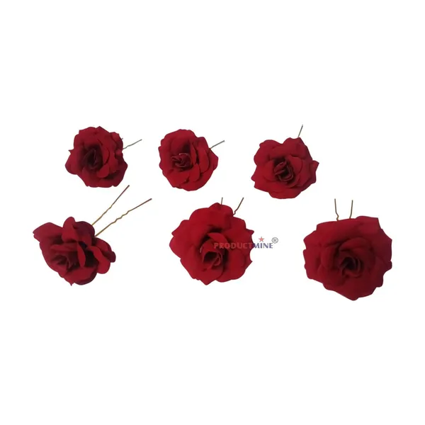 Maroon_Bridal_Hair_Pin_Bun_Pin_Accessories/Fancy_Golden_Juda_Pins_With_Artificial_Rose_For_Women_And_Girls_Hair__-_Set_Of_6_Pcs