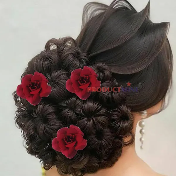 Maroon_Bridal_Hair_Pin_Bun_Pin_Accessories/Fancy_Golden_Juda_Pins_With_Artificial_Rose_For_Women_And_Girls_Hair__-_Set_Of_6_Pcs