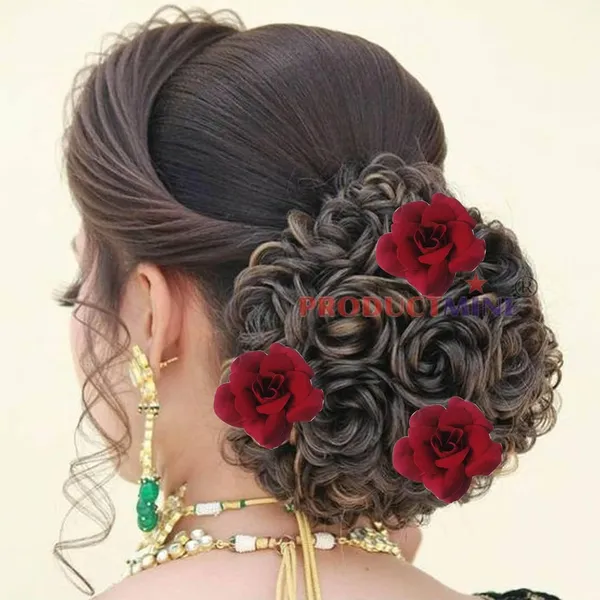 Maroon_Bridal_Hair_Pin_Bun_Pin_Accessories/Fancy_Golden_Juda_Pins_With_Artificial_Rose_For_Women_And_Girls_Hair__-_Set_Of_6_Pcs