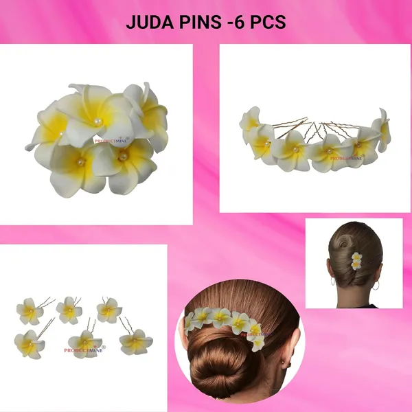 Off_White_Bridal_Hair_Pin_Bun_Pin_Accessories/Fancy_Golden_Juda_Pins_With_Hawaii_Artificial_Champa_Foam_Flower_For_Women_And_Girls_Hair__-_Set_Of_6_Pcs
