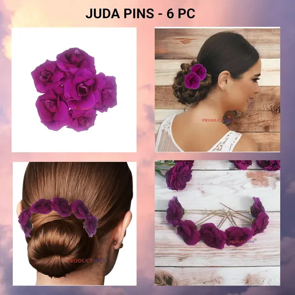 Purple_Bridal_Hair_Pin_Bun_Pin_Accessories/Fancy_Golden_Juda_Pins_With_Artificial_Flowers_Hair_Pin_For_Women_And_Girls_Hair__-_Set_Of_6_Pcs