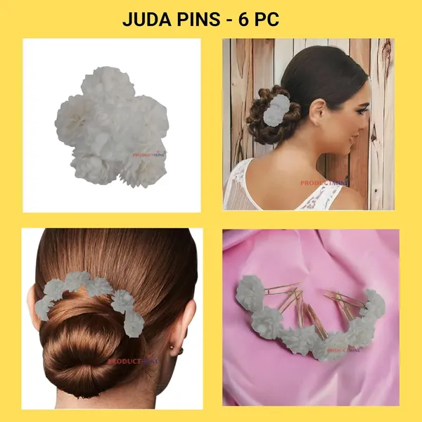 White_Bridal_Hair_Pin_Bun_Pin_Accessories/Fancy_Golden_Juda_Pins_With_Artificial_Flowers_For_Women_And_Girls_Hair__-_Set_Of_6_Pcs