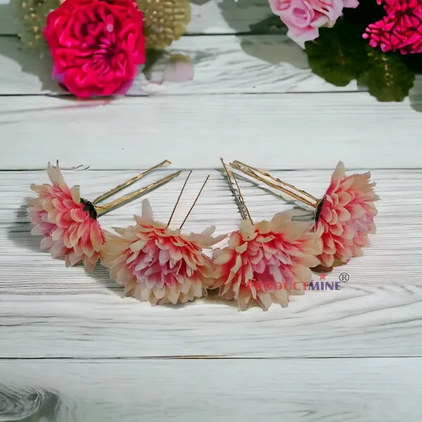 Peach_Pink_Bridal_Hair_Pin_Bun_Pin_Accessories/Fancy_Golden_Juda_Pins_With_Artificial_Big_6_Cm_Flowers_For_Women_And_Girls_Hair__-_Set_Of_4_Pcs