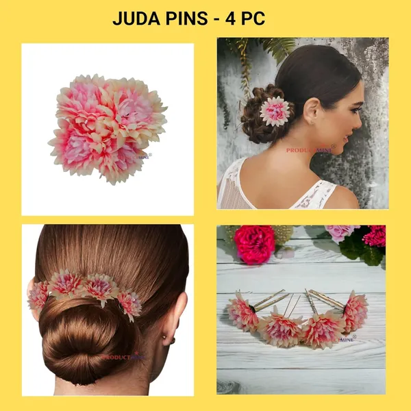 Peach_Pink_Bridal_Hair_Pin_Bun_Pin_Accessories/Fancy_Golden_Juda_Pins_With_Artificial_Big_6_Cm_Flowers_For_Women_And_Girls_Hair__-_Set_Of_4_Pcs