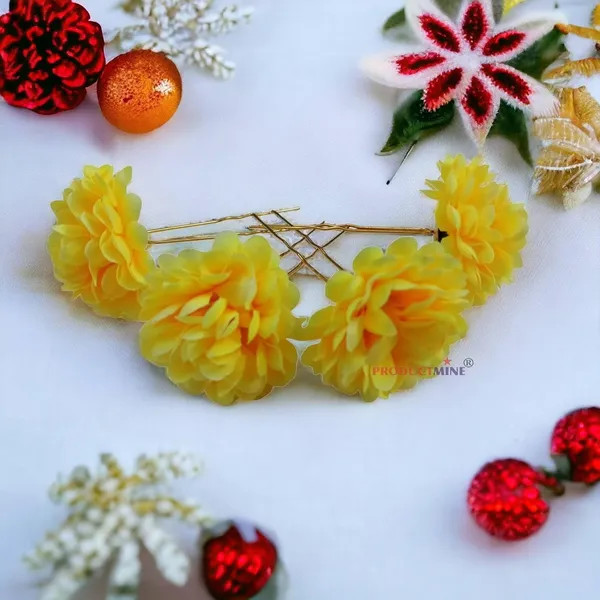 Neon_Yellow_Bridal_Hair_Pin_Bun_Golden_Juda_Pins_With_Artificial_Big_4.5_Cm_Neon_Flowers_Hair_Pin_For_Women_And_Girls_Hair__-_Set_Of_4_Pcs