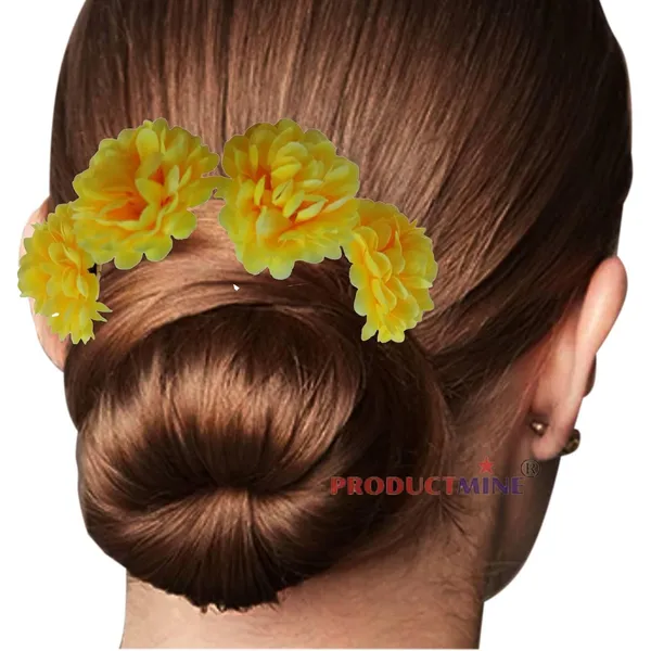 Neon_Yellow_Bridal_Hair_Pin_Bun_Golden_Juda_Pins_With_Artificial_Big_4.5_Cm_Neon_Flowers_Hair_Pin_For_Women_And_Girls_Hair__-_Set_Of_4_Pcs